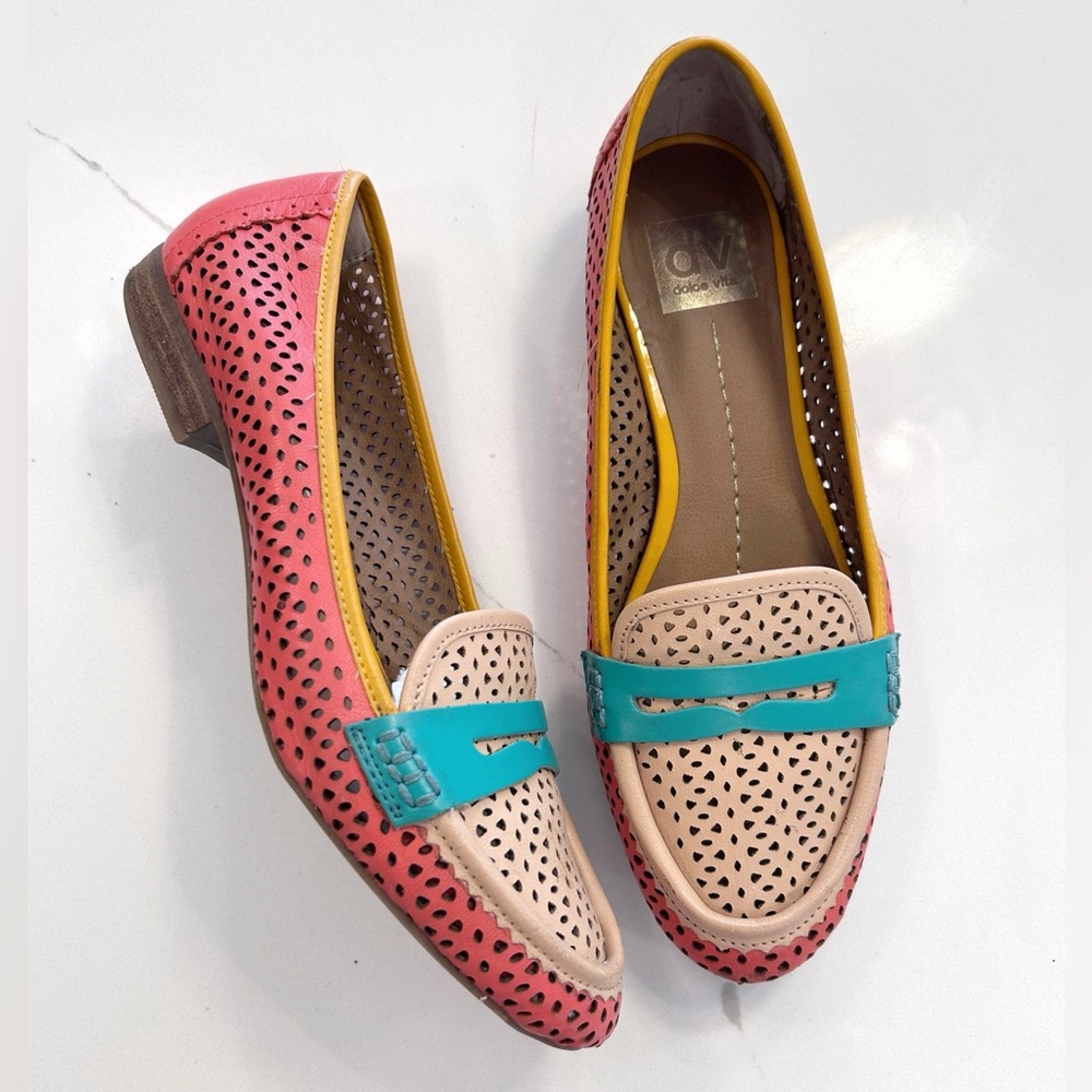 Dolce Vita Pink Coral & Teal Perforated Leather Loafers